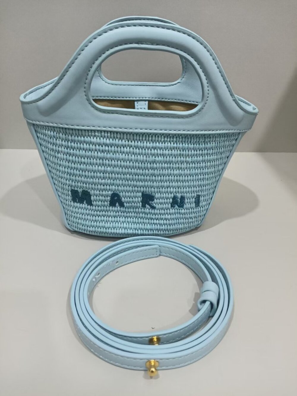 Marni Mini Basket Tote Bag Light‑Blue Straw Woven Handbag with Detachable Strap